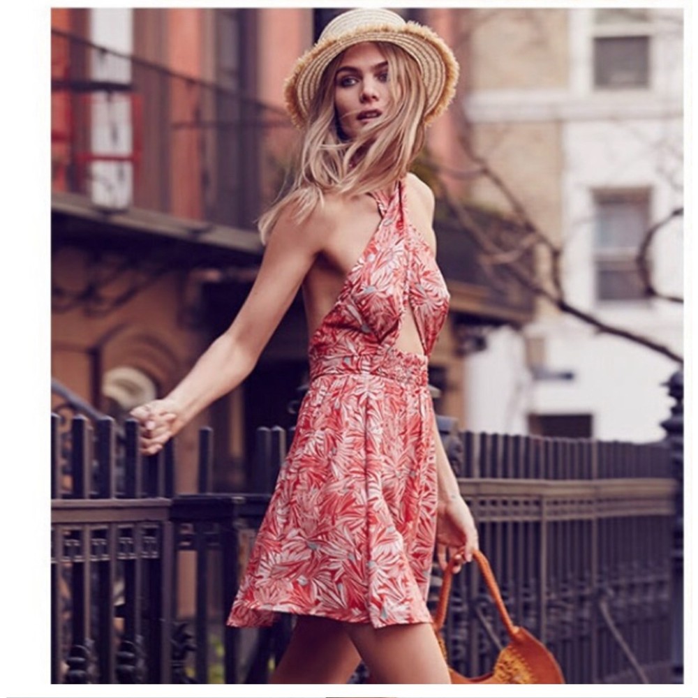 Free People Libby Convertible Red Floral Halter Dress Large - Picture 2 of 9